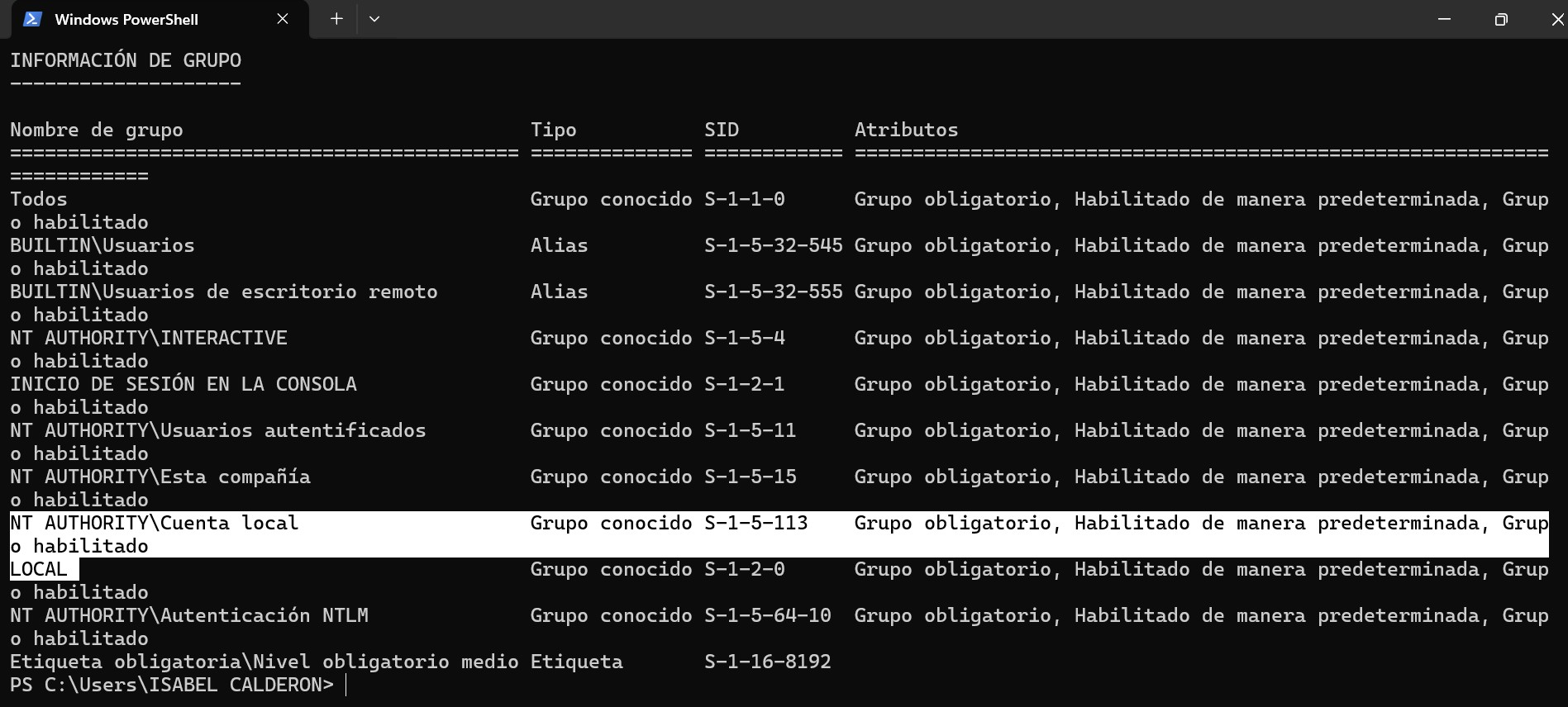 Ejemplo del resultado del comando