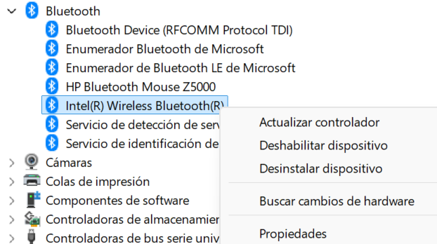 Menú contextual con la opción Deshabilitar dispositivo