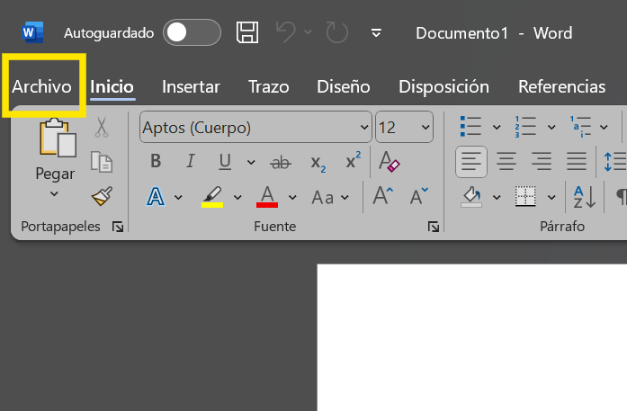 Menú Archivo desplegado