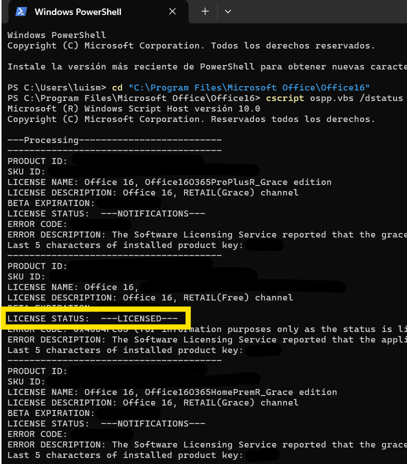 Resultado LICENSED en PowerShell