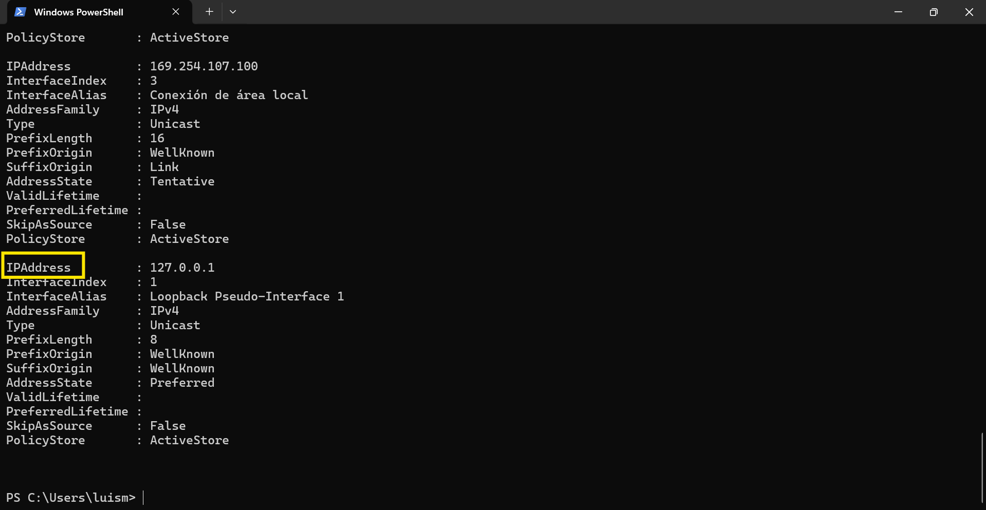 Resultado en PowerShell
