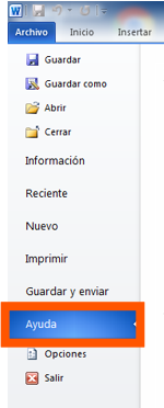 Opción Ayuda en el menú Archivo