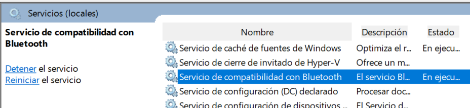 Servicio de Bluetooth en la lista