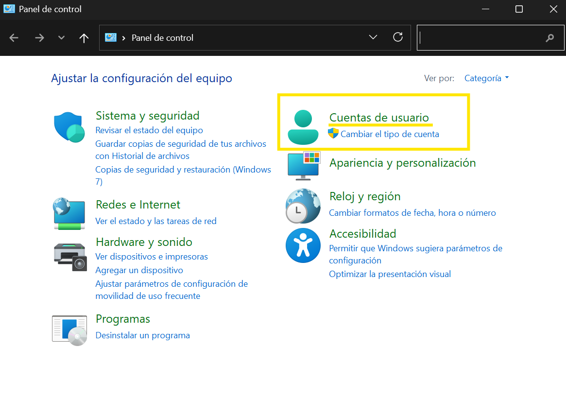 Ejemplo del panel de control